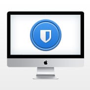 iMac computer with a picture of a shield on the screen