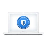MacBook with a blue shield on the screen